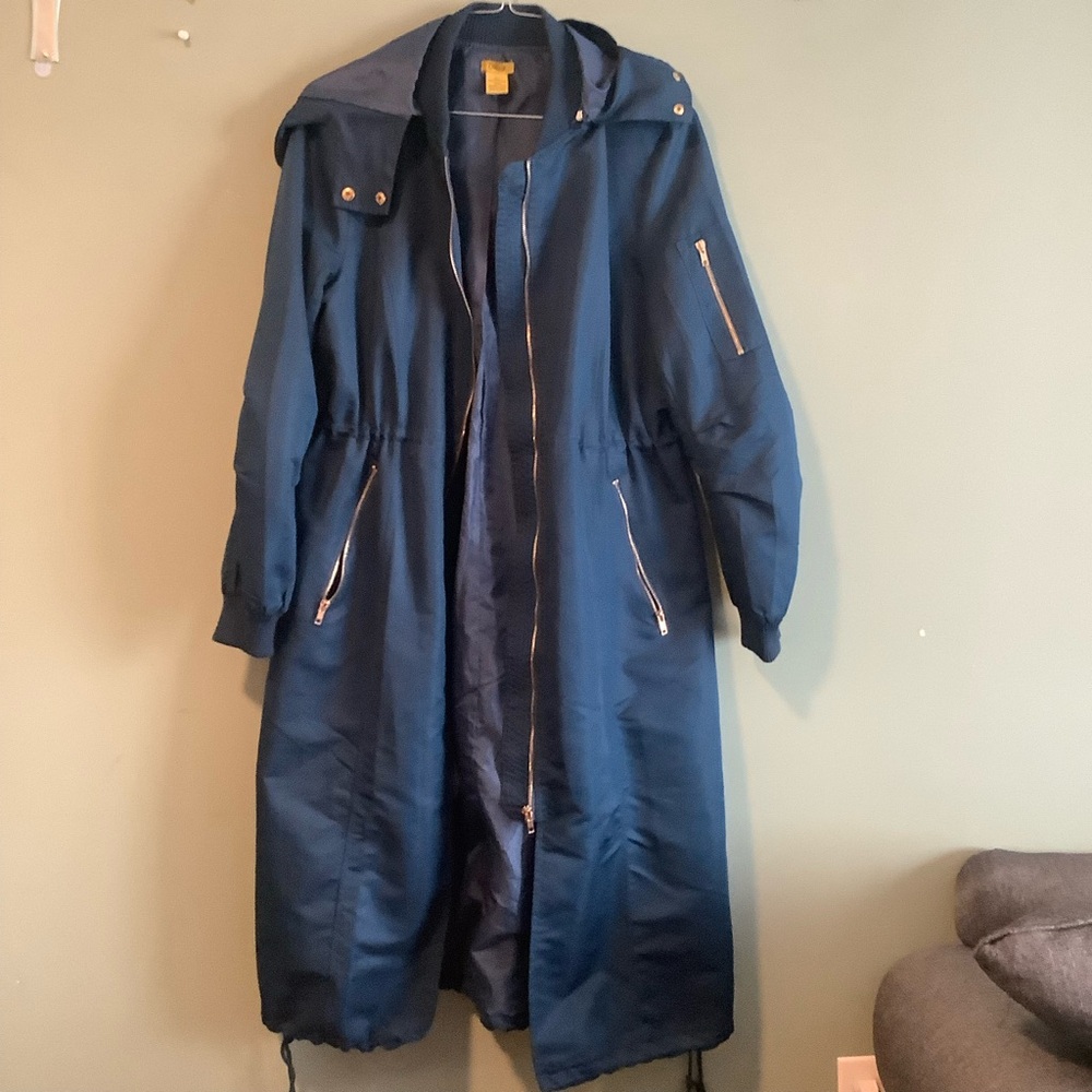 Daisy Blue Trench Hooded, Lined Rain Coat with side slit drawstrings Sz L